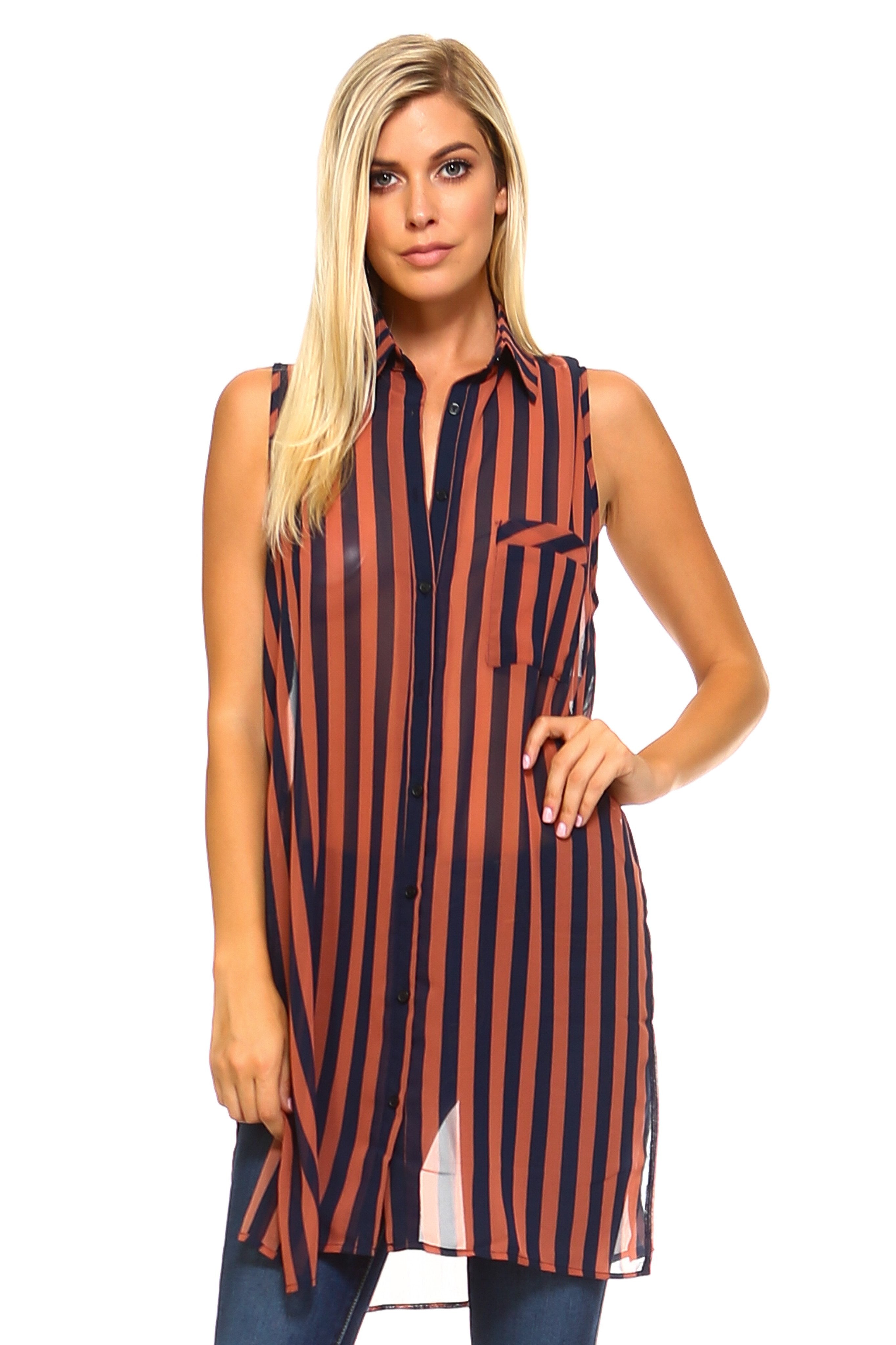 Long Sheer Sleeveless Stripe Blouse