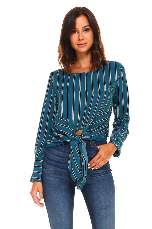 Stripe Long Sleeve Tie Blouse